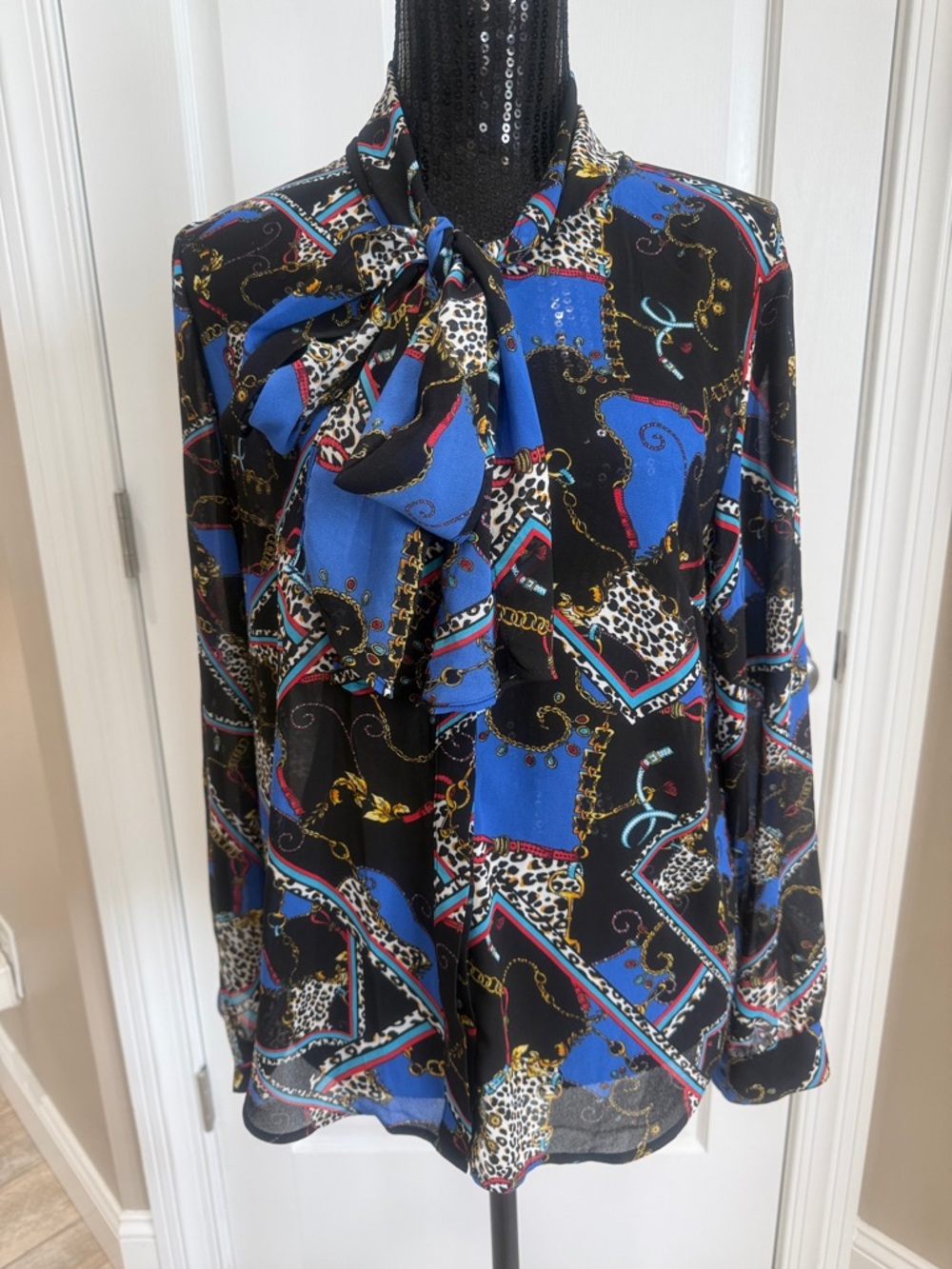 Kut From the Cloth Black & Royal Blue Tie-Neck Blouse